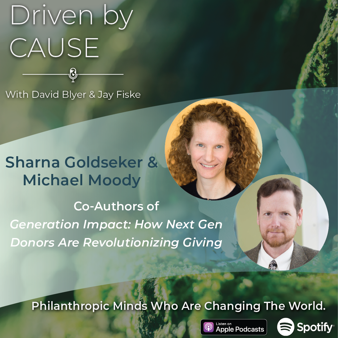 A photo of Sharna Goldseker and Michael Moody highlighting their participation in an episode of Driven by Cause, a nonprofit leadership podcast.