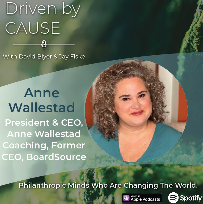 A photo of Anne Wallestad, highlighting her participation in Driven by Cause, a nonprofit philanthropic podcast.