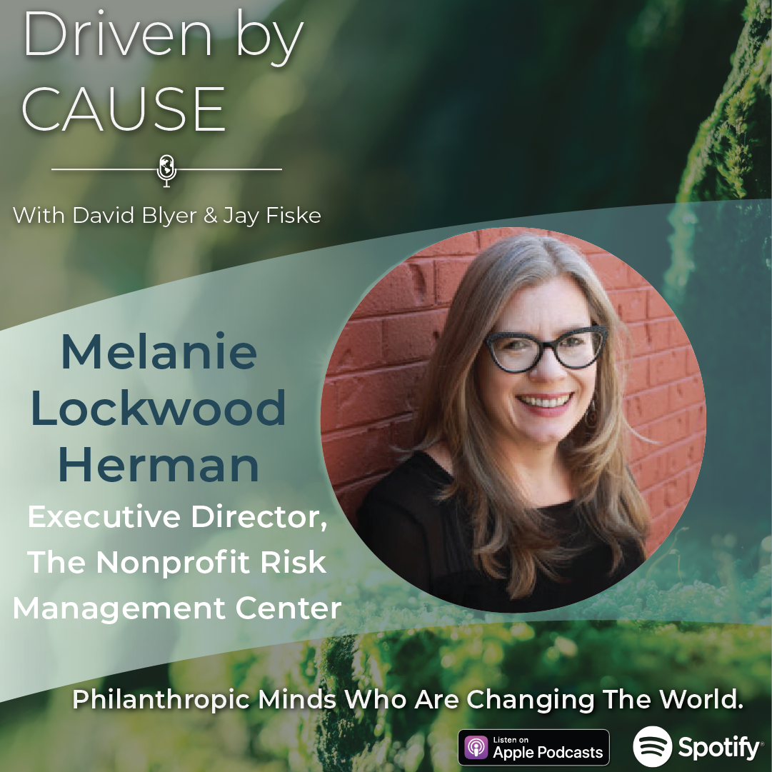 A photo of Melanie Lockwood Herman highlighting her participation in an episode of Driven by Cause, a nonprofit leadership podcast.